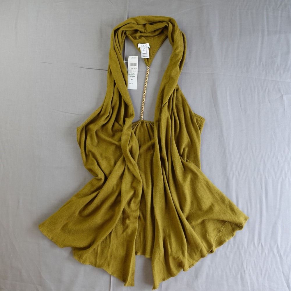 Cache Y2K Cardigan Vest M/L Olive Green Wool Slouchy Open Chain Back Sweater Top